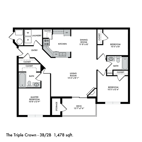 Floor plan for 3 beds, 2 baths, 1478 sqft